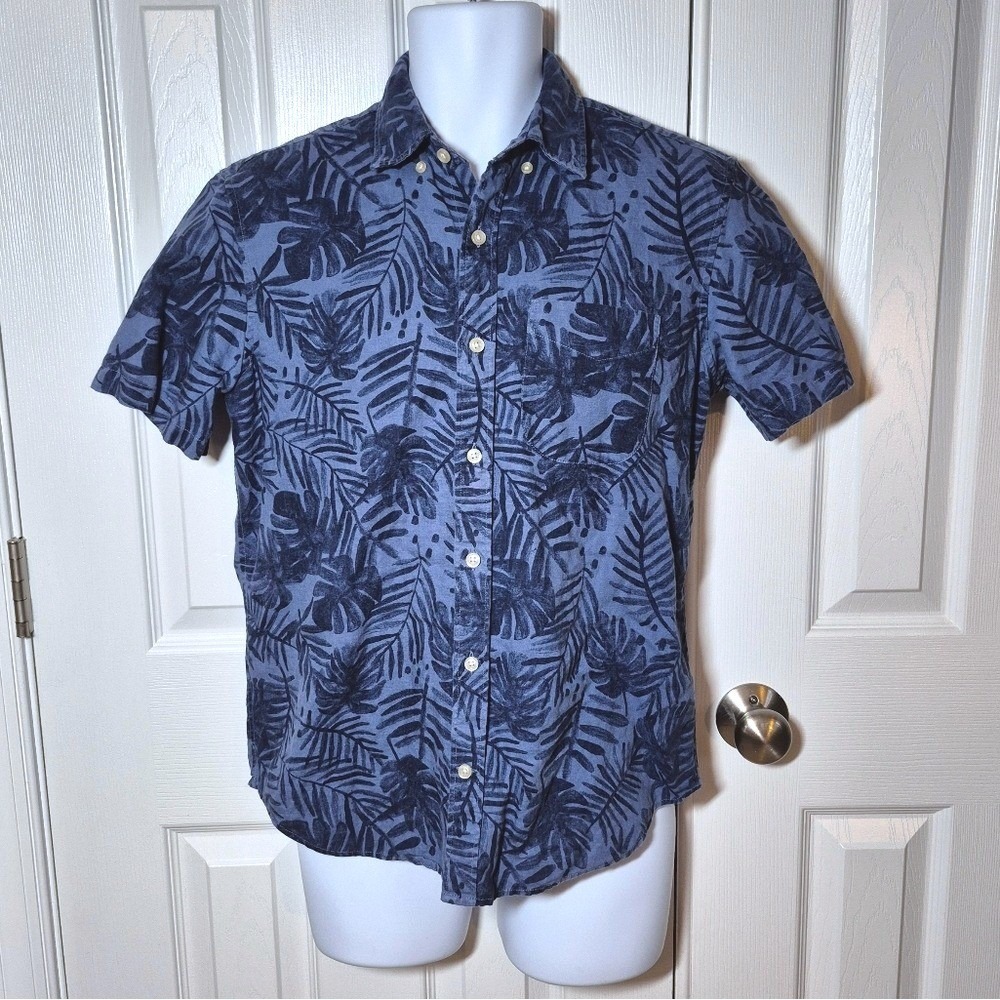 Gap Hawaiian blue linen short sleeve button shirt monsterra‎ leaf mens small - Picture 4 of 15